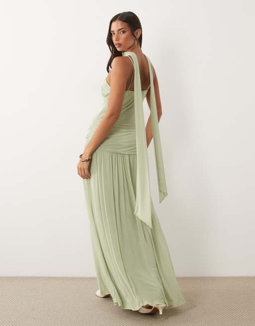ASOS DESIGN mesh ruched bust maxi dress with scarf detail in sage green, 2 of 4