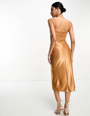 ASOS DESIGN mesh ruched cami drape satin midi dress in gold