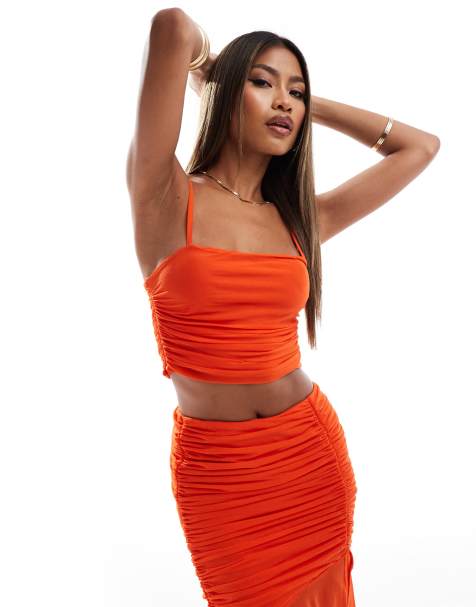ASOS DESIGN mesh ruched cami in red (part of a set) - view 1