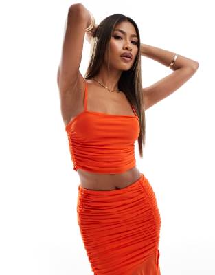 ASOS DESIGN MESH RUCHED CAMI IN TANGERINE - PART OF A SET-ORANGE