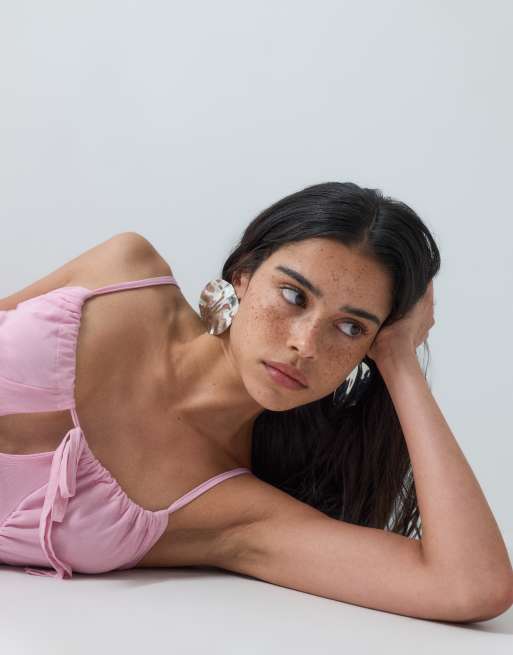 ASOS DESIGN mesh ruched cami top in pink (part of a set), 2 of 5