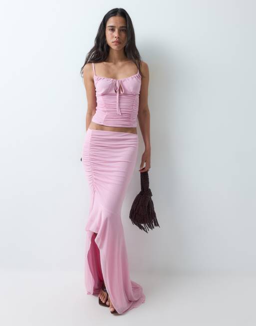 ASOS DESIGN mesh ruched cami top in pink (part of a set), 3 of 5