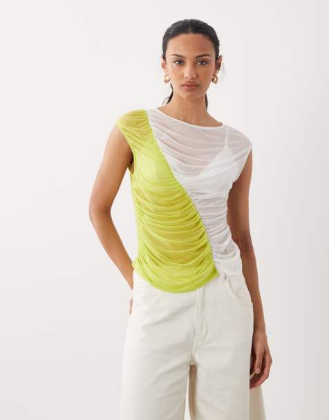 ASOS DESIGN mesh ruched colour block tank top in green and white - view 1