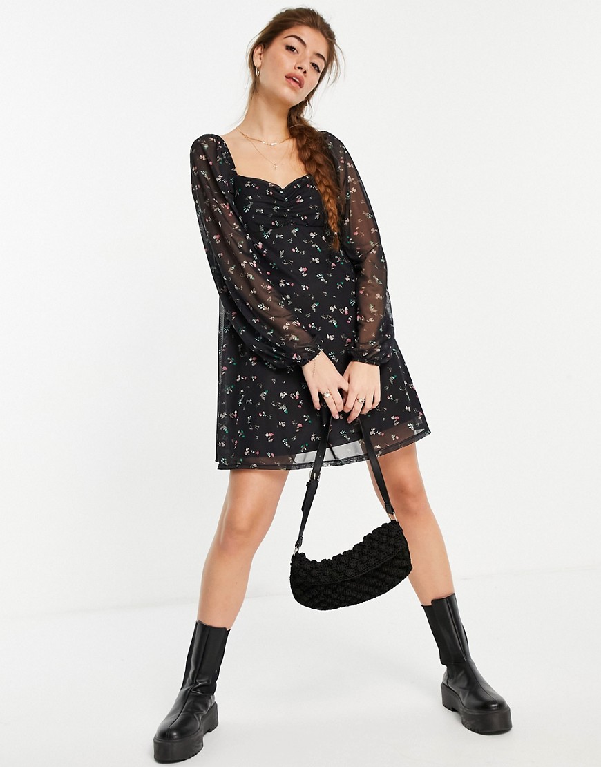 ASOS DESIGN mesh ruched front mini dress with long sleeves in black floral