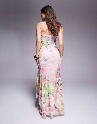 Asos Design Mesh Ruched Front Strappy Maxi Dress