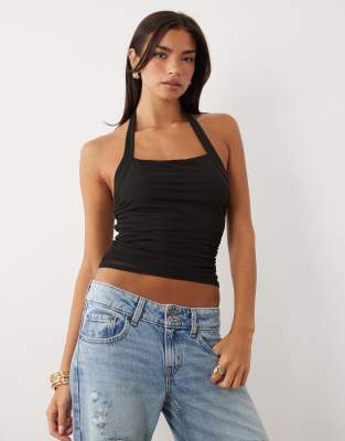 Asos Design Mesh Ruched Halter Top In Black