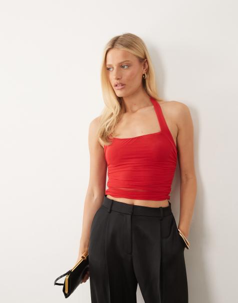 ASOS DESIGN mesh ruched halter top in red - view 1
