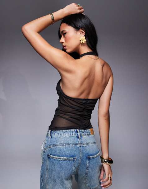 ASOS DESIGN mesh ruched high neck top in black - view 1