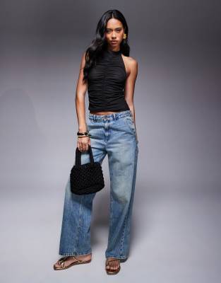 Asos Design Mesh Ruched High Neck Top