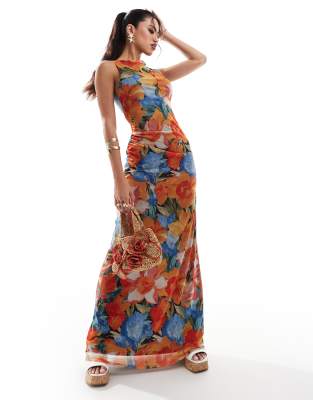 Asos Design Mesh Ruched Maxi Dress In Bright Orange Floral Print-Multi