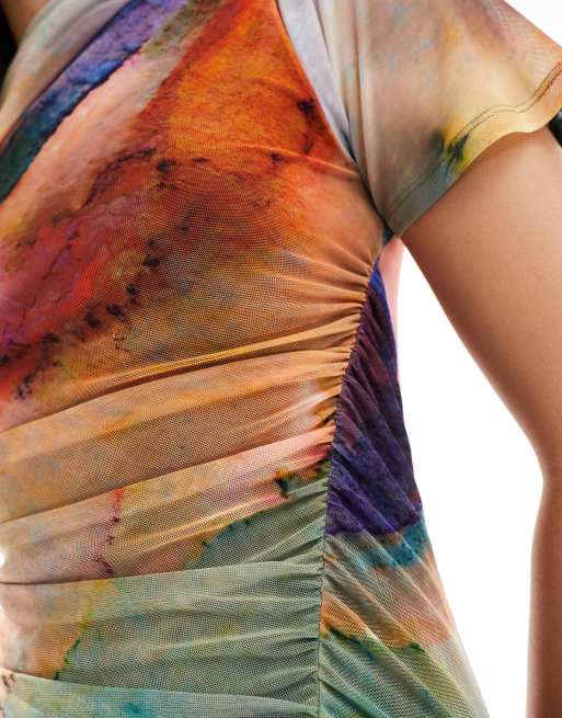 ASOS DESIGN mesh ruched maxi dress in watercolor print, 2 of 4