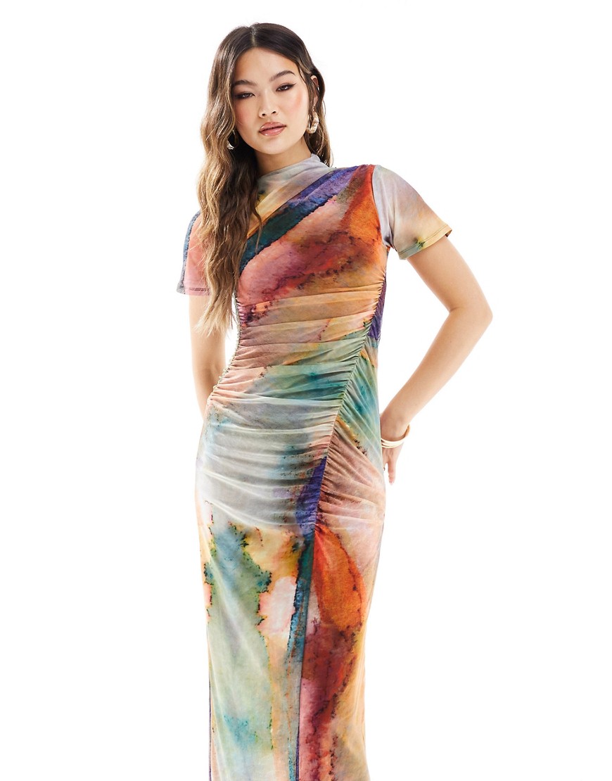ASOS DESIGN mesh ruched maxi dress in watercolour print-Multi