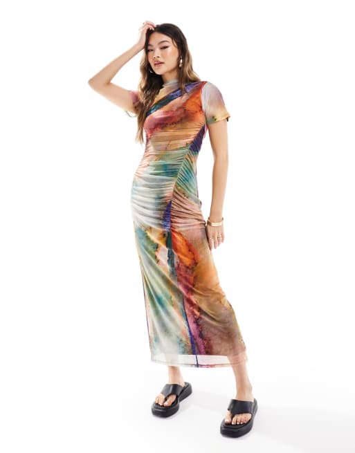 Shape Watercolour Mesh Plunge Ruched Midaxi Dress