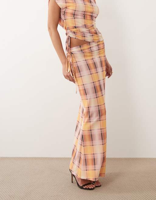 ASOS DESIGN mesh ruched maxi skirt in pink check print (part of a set), 2 of 5