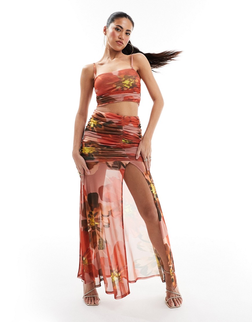 mesh ruched maxi skirt with split in large scale floral - part of a set-Multi