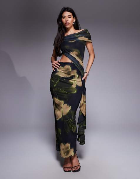 ASOS DESIGN mesh ruched off shoulder midi dress with ruffle sash detail in black and green floral print - view 1
