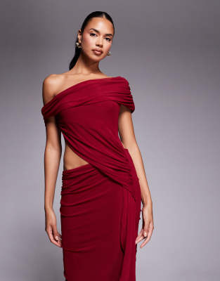 Asos Design Mesh Ruched Off Shoulder Midi Dress With Ruffle Sash Detail In Red