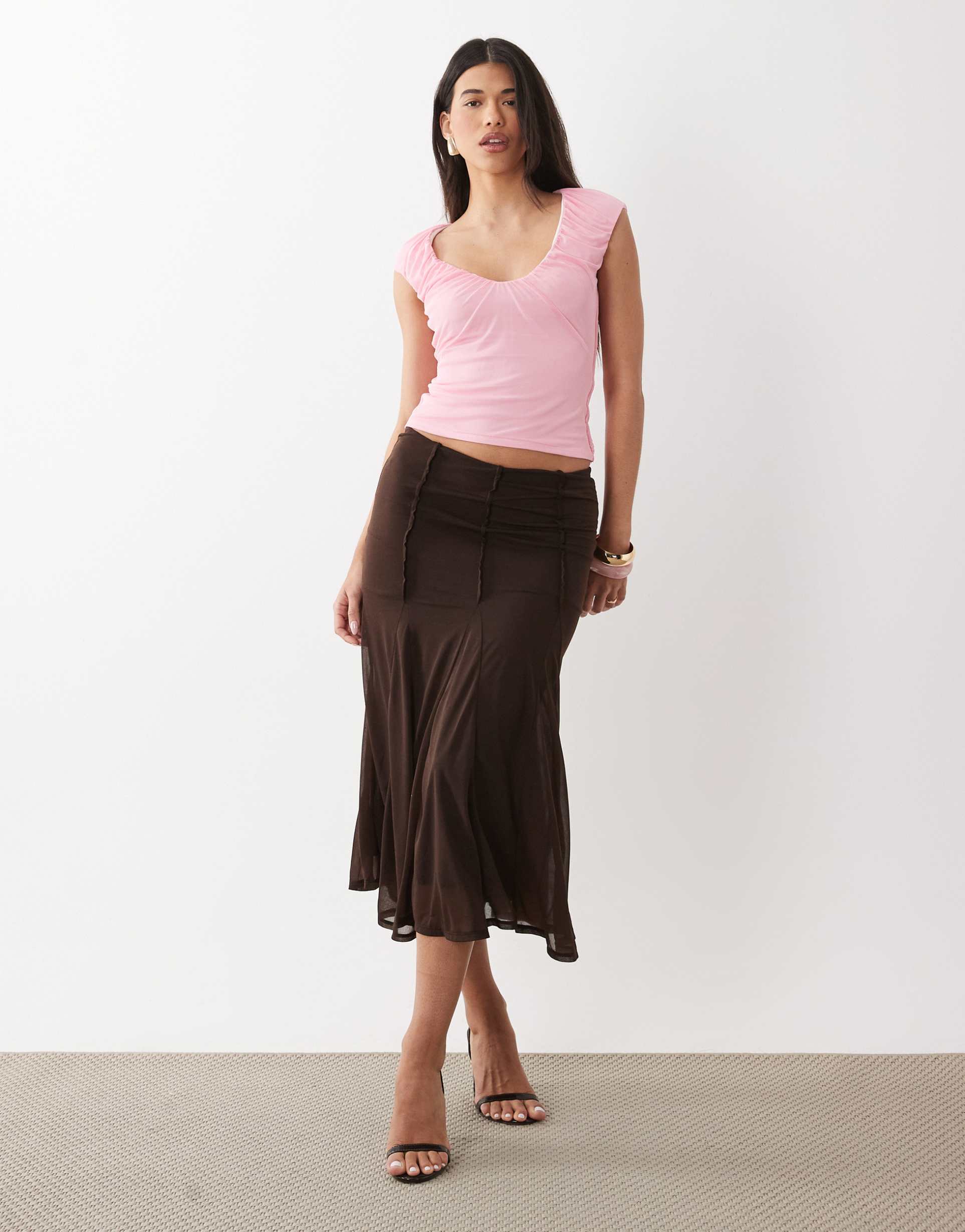 asos design mesh ruched scoop top in pink