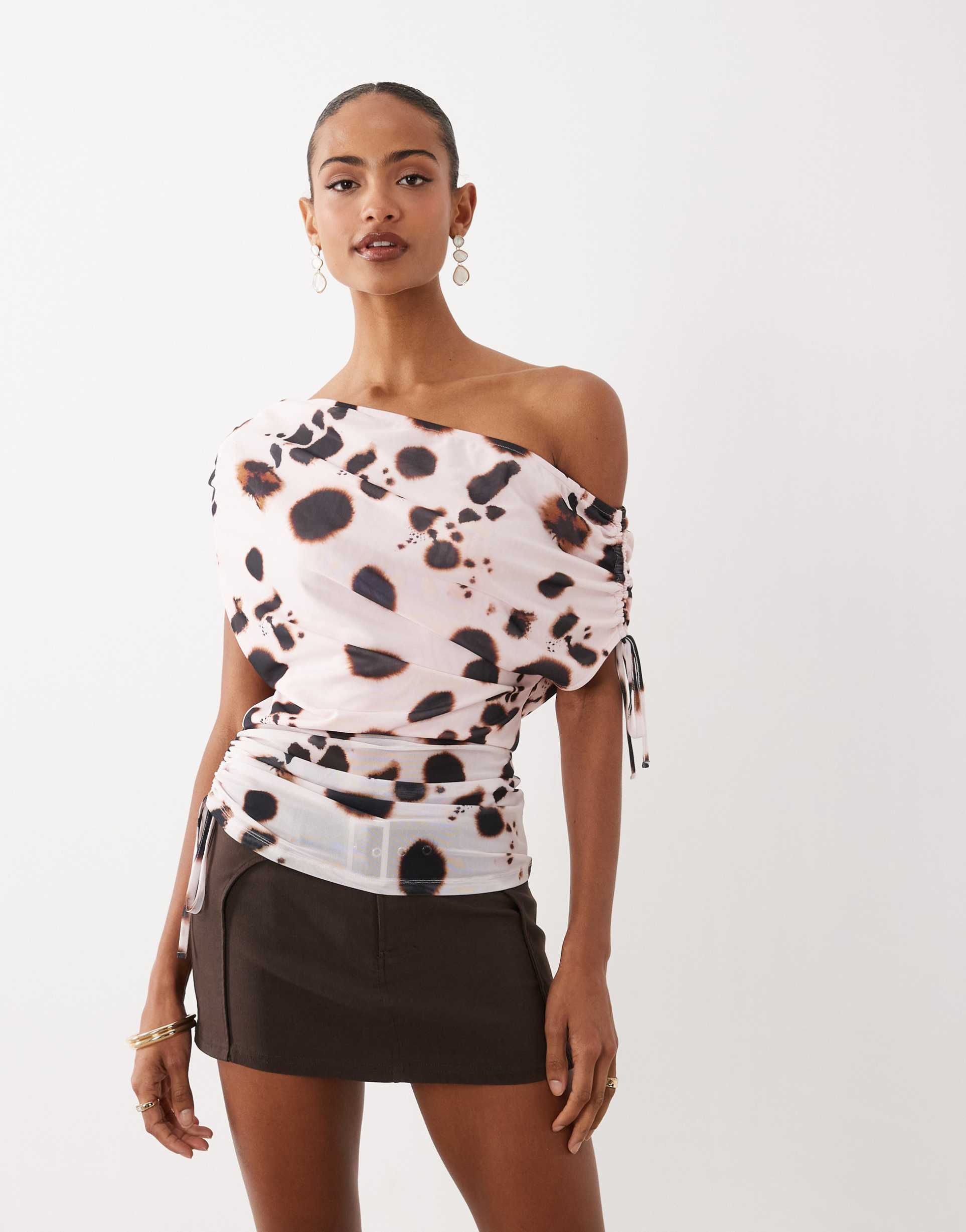 asos design mesh ruched shoulder asymmetric cinched waist top in pink abstract spot