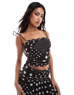 Asos Design Mesh Ruched Side Tie Shoulder Cami Top In Brown Polka Dot - Part Of A Set-multi