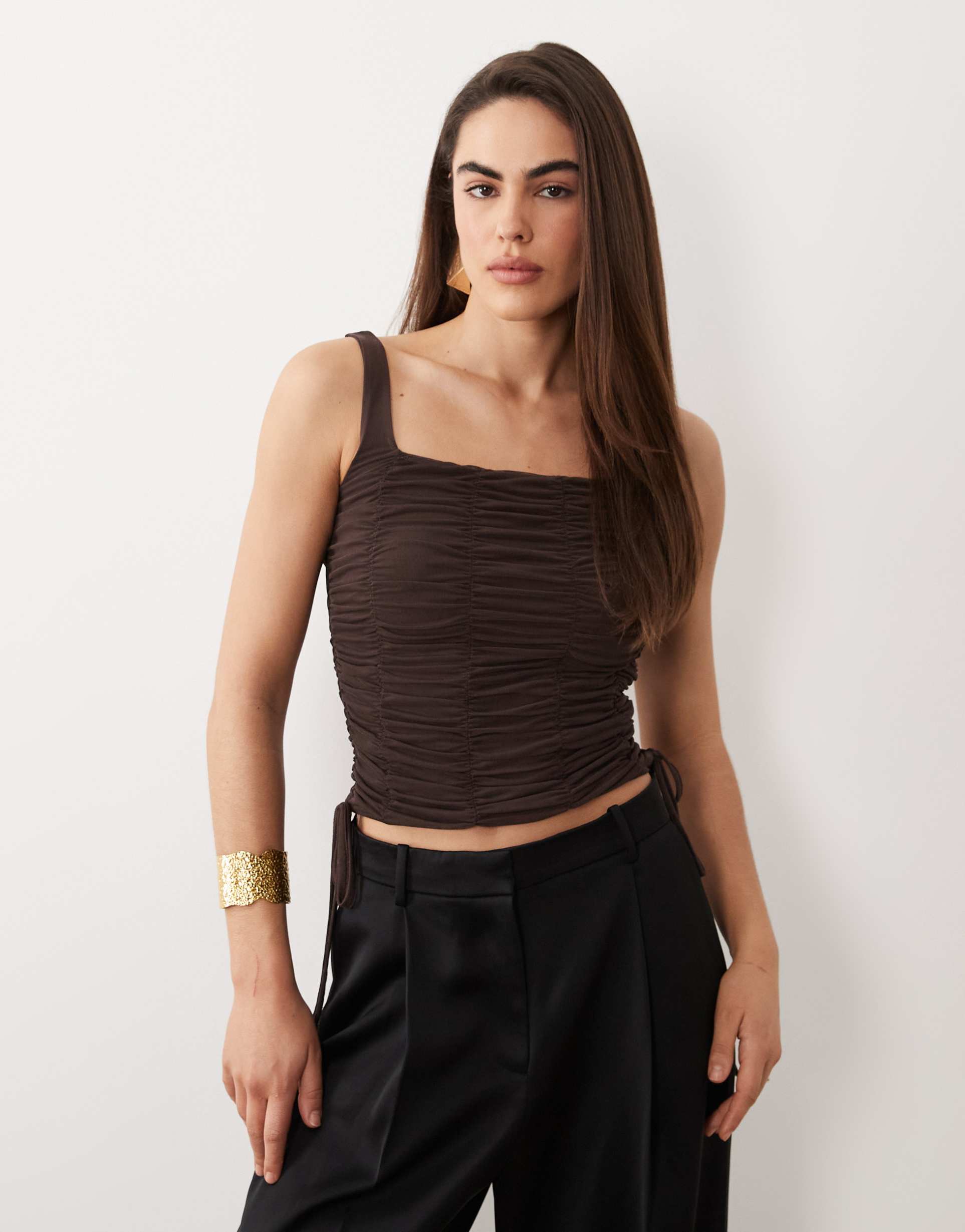 asos design mesh ruched soft square neck top with drawstring detail in chocolate