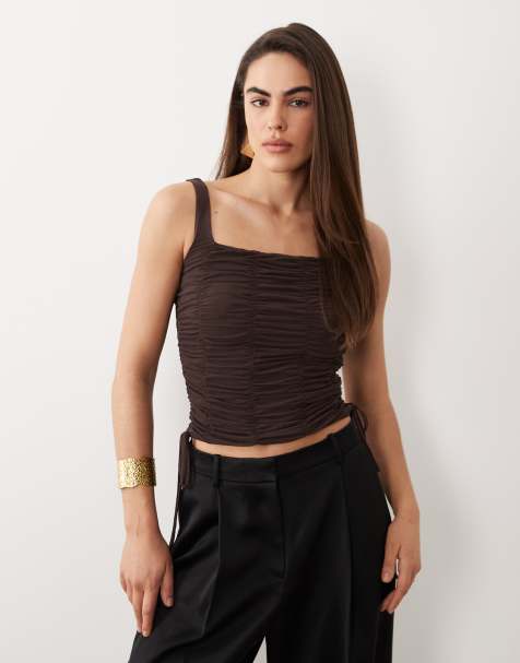 ASOS DESIGN mesh ruched soft square top with drawstring detail in chocolate