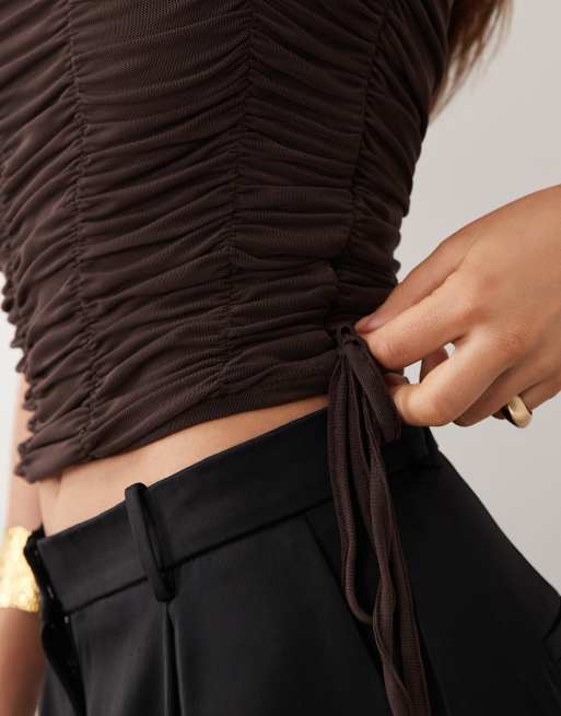 ASOS DESIGN mesh ruched soft square top with drawstring detail in chocolate, 2 of 4