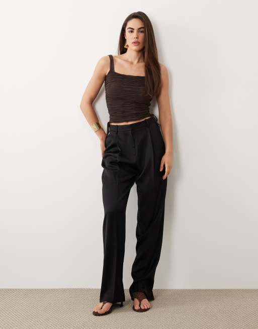 ASOS DESIGN mesh ruched soft square top with drawstring detail in chocolate, 3 of 4