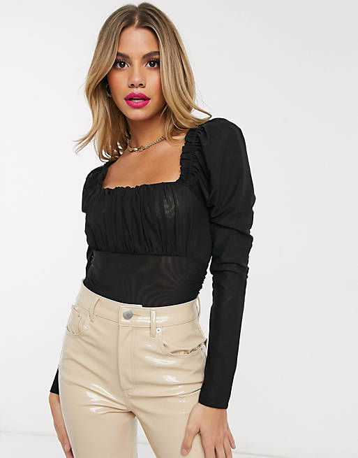Tops mesh ruched square neck bodysuit in black 