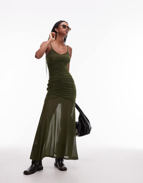 ASOS DESIGN mesh ruched strappy maxi dress in khaki - view 1