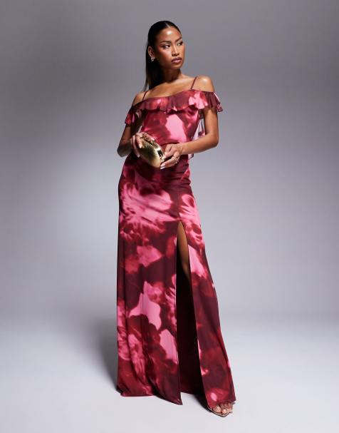 ASOS DESIGN mesh ruffle bardot maxi dress with side split in pink floral print - view 1