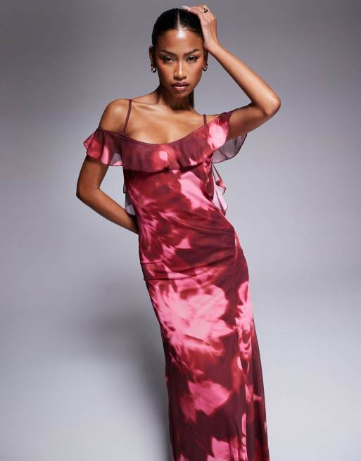 ASOS DESIGN mesh ruffle bardot maxi dress with side split in pink floral print