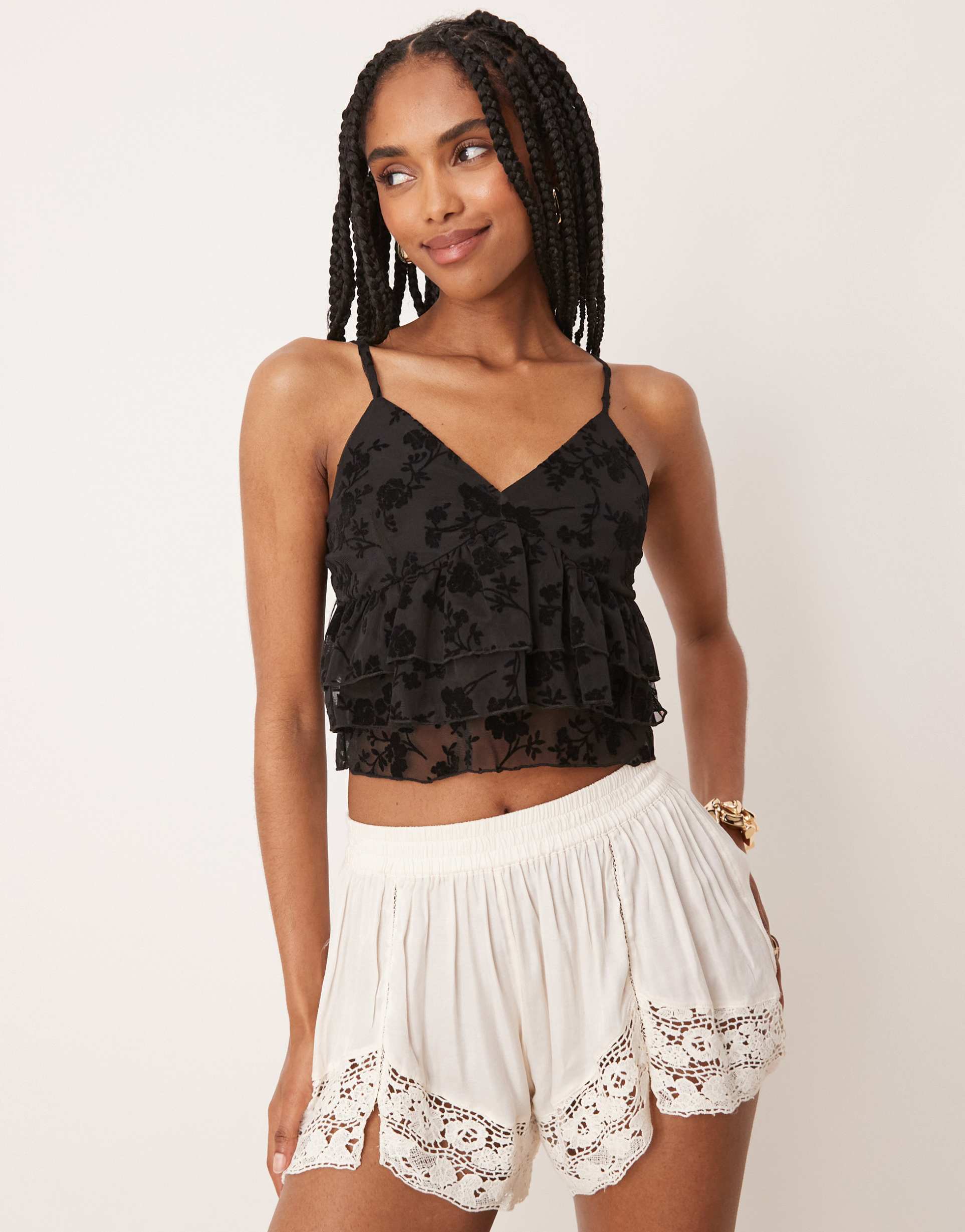 asos design mesh ruffle cami top in black