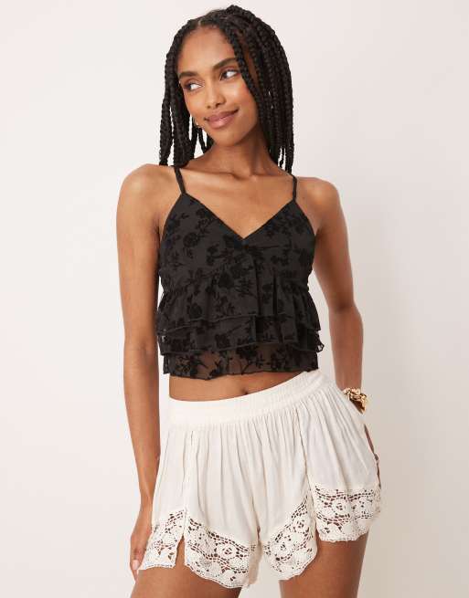 ASOS DESIGN mesh ruffle cami top in black