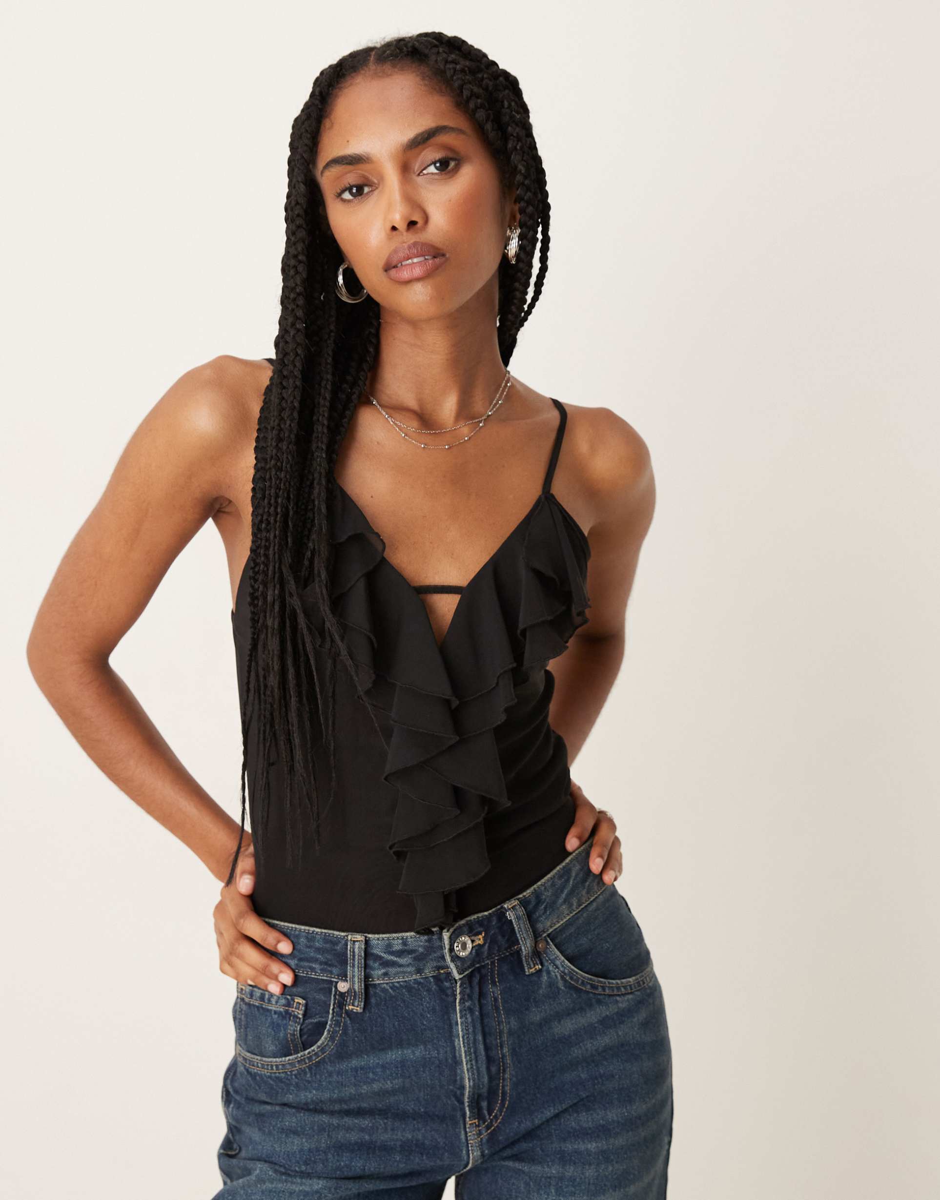 asos design mesh ruffle cami top in black
