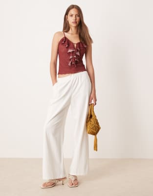 Asos Design Mesh Ruffle Cami Top In Burgundy
