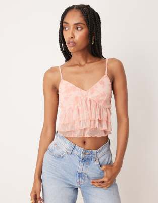 ASOS DESIGN mesh ruffle cami top in pastel pink - view 1