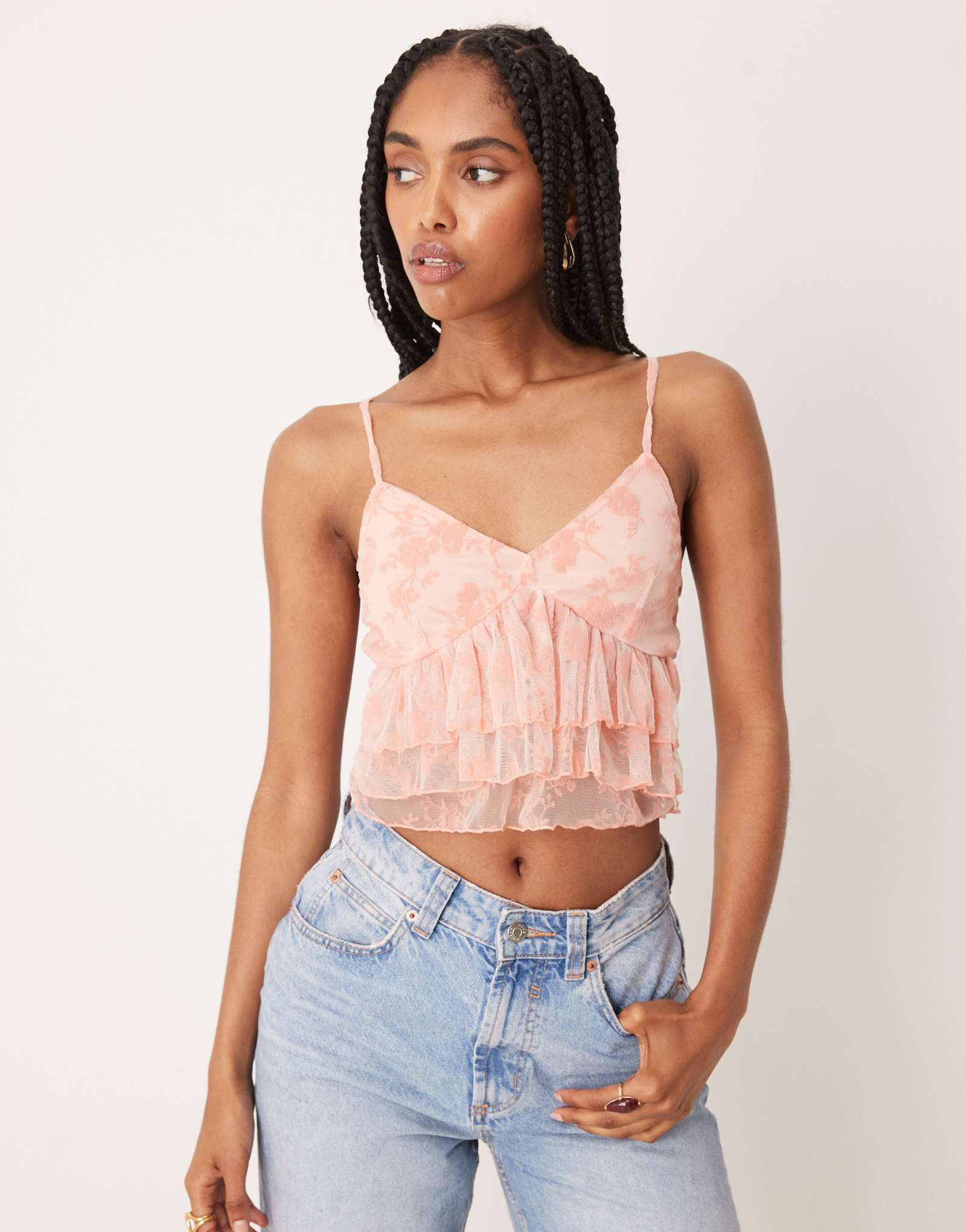 ДИЗАЙНЕРСКИЙ сетчатый топ на бретелях с оборками ASOS пастельно-розового цвета