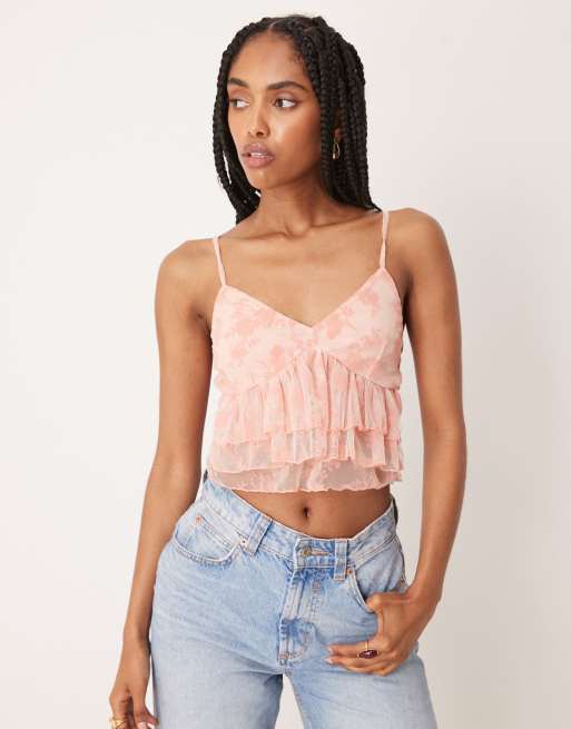 ASOS DESIGN mesh ruffle cami top in pastel pink