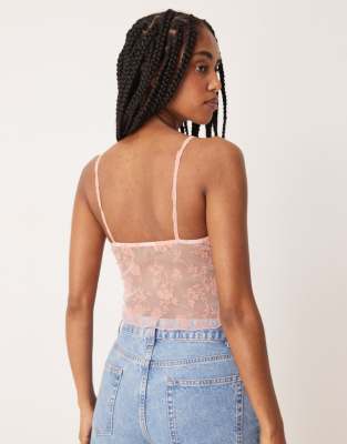Asos Design Mesh Ruffle Cami Top In Pink