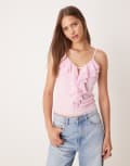 [ASOS DESIGN] ASOS DESIGN mesh ruffle cami top in pastel pink XS Pastel Pink
