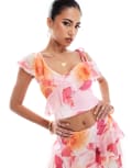[ASOS DESIGN] ASOS DESIGN mesh ruffle cami top in pink floral print (part of a set)-Multi S Pink Floral
