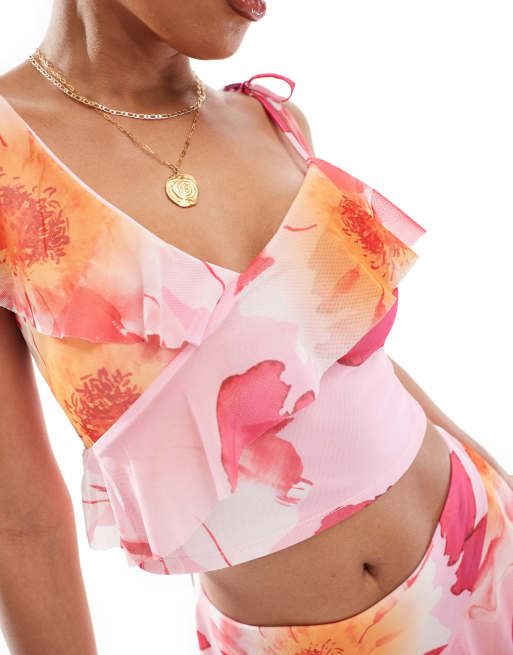 ASOS DESIGN mesh ruffle cami top in pink floral print - part of a set, 4 of 4