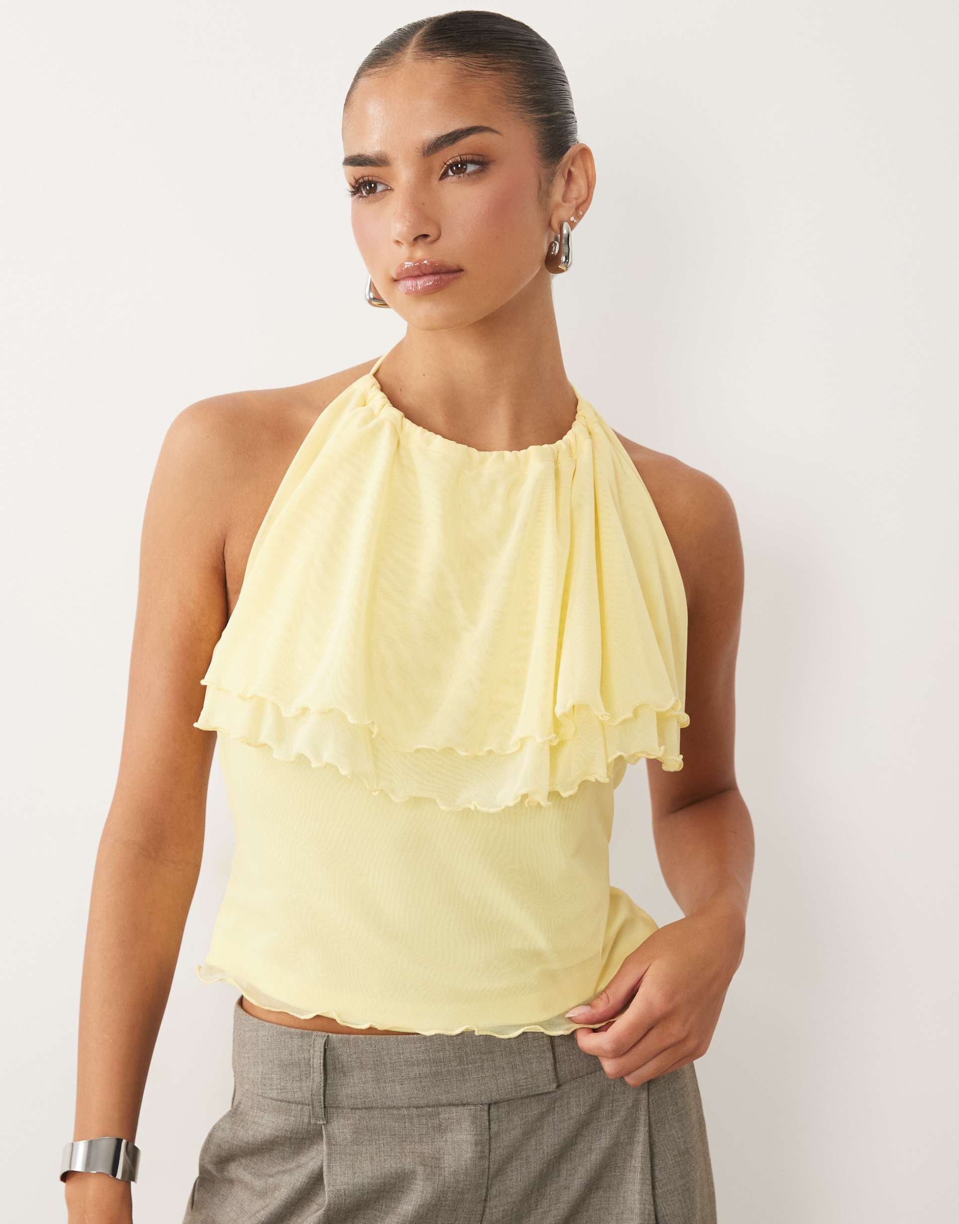 asos design mesh ruffle halter cami top in yellow