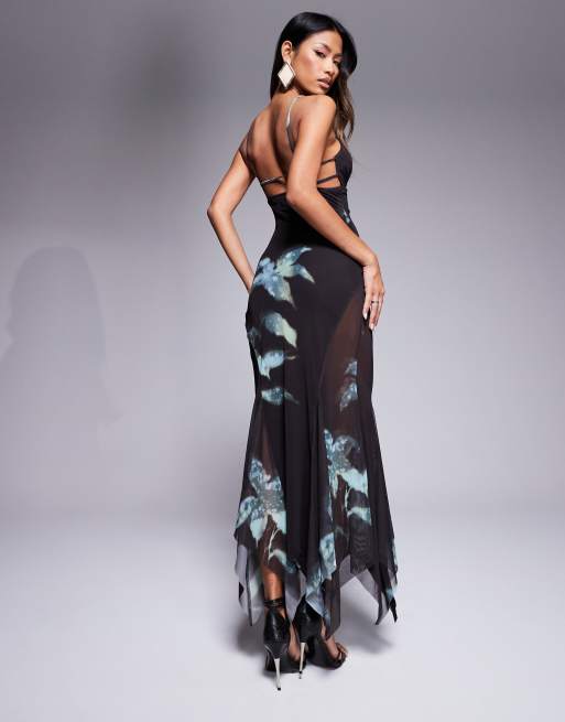 ASOS DESIGN mesh ruffle hem cami maxi dress in dark blue floral print
