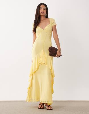 Asos Design Mesh Ruffle Maxi Dress In Yellow