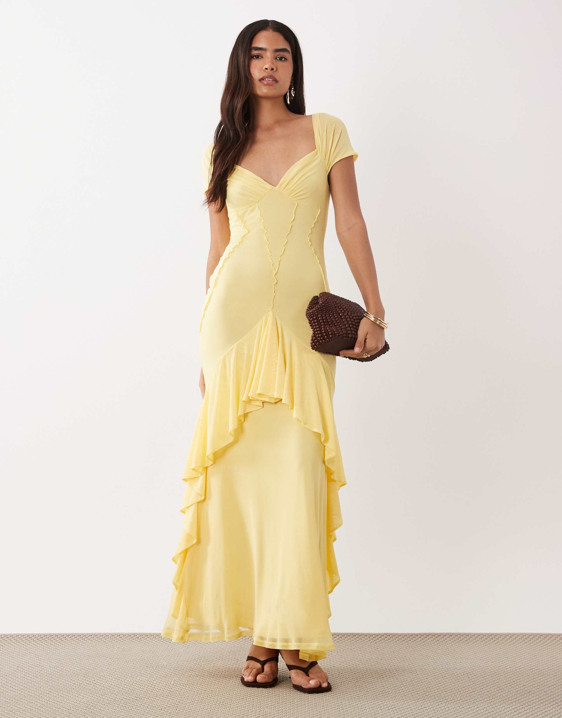 asos design mesh ruffle maxi dress in lemon