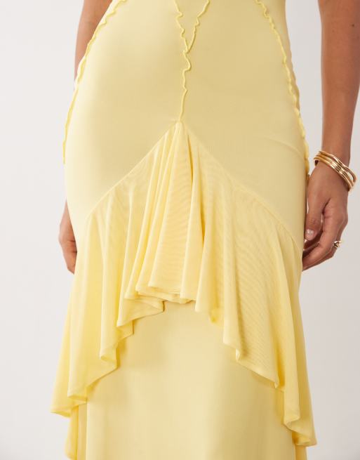 ASOS DESIGN mesh ruffle maxi dress in lemon, 3 of 4