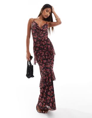 Asos Design Mesh Ruffle Midi Dress With Belt Detail Straps In Black Ditsy Floral Print-multi