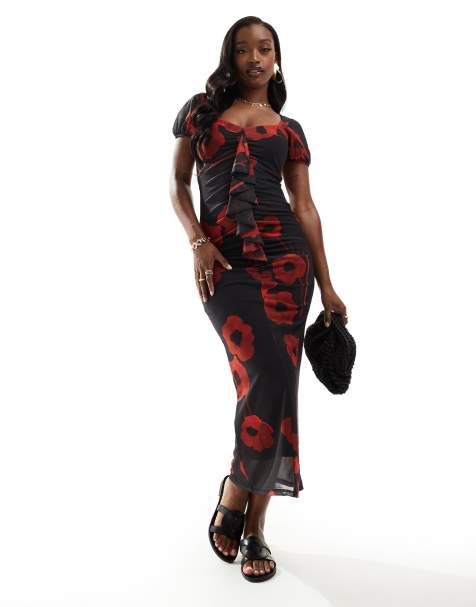 ASOS DESIGN mesh ruffle puff sleeve tea dress with sweetheart neckline in poppy print - view 1